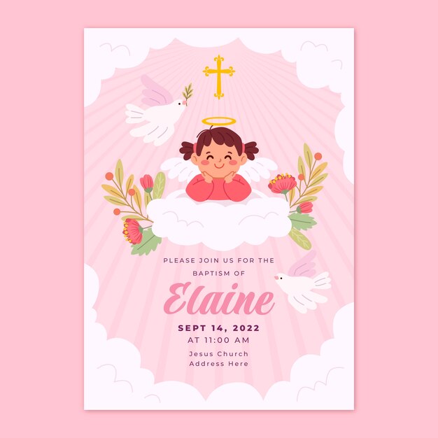 Invitación al bautismo de una niña dibujada a mano
