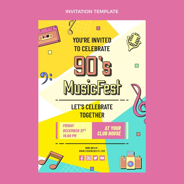 Invitación al festival de música nostálgica de los años 90 en diseño plano