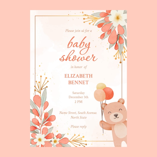 Vector gratuito invitación de baby shower en acuarela con lindo oso