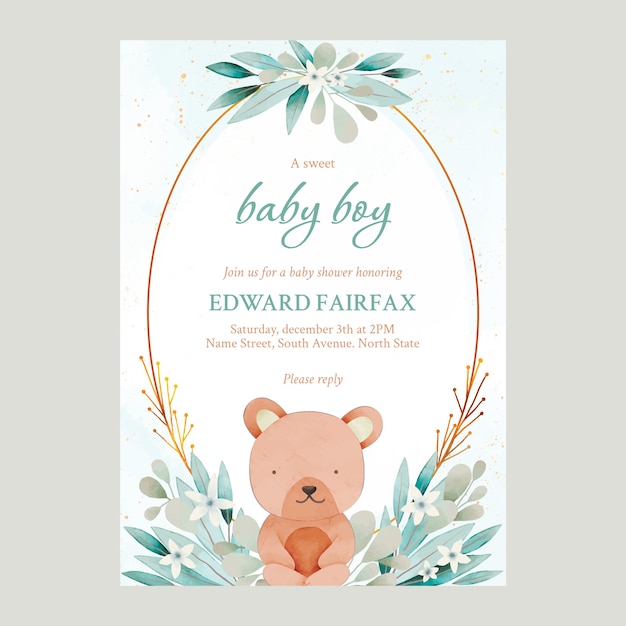 Invitación de baby shower en acuarela con oso de peluche