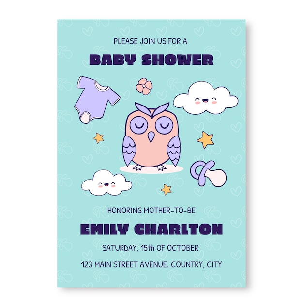 Invitación de baby shower dibujada a mano de búho durmiente