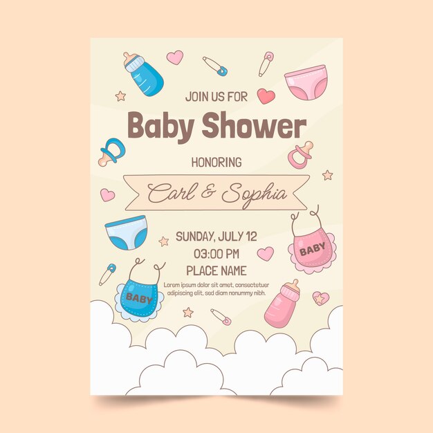 Invitación de baby shower dibujada a mano