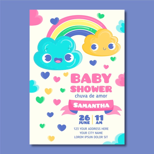Vector gratuito invitación de baby shower de dibujos animados plana bonita chuva de amor