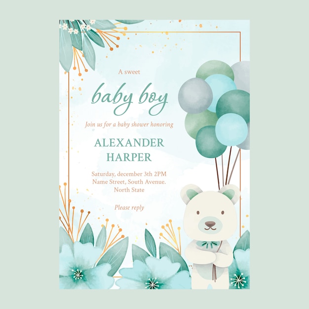 Vector gratuito invitación de baby shower de oso de acuarela