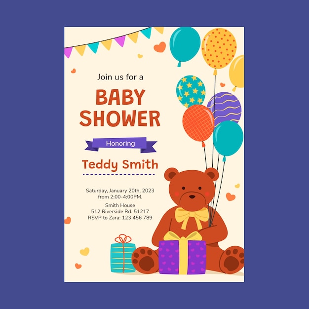 Vector gratuito invitación de baby shower con oso de peluche dibujado a mano