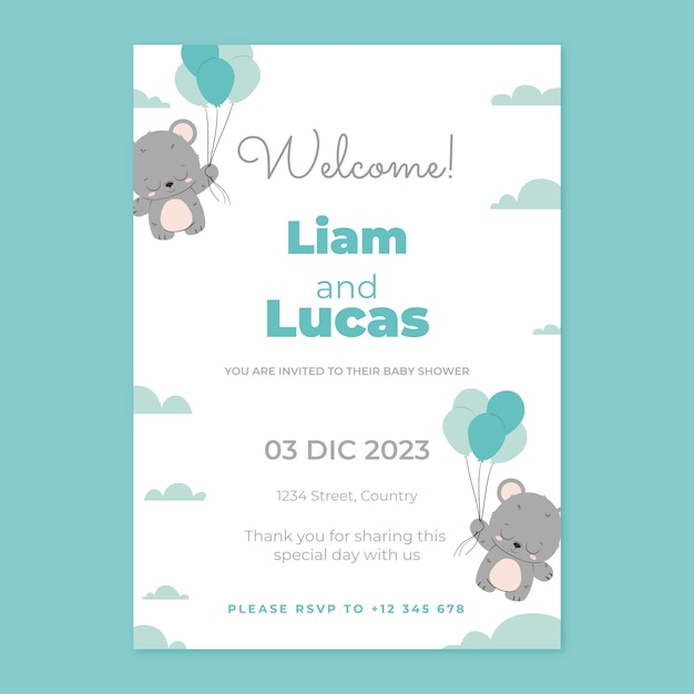 Vector gratuito invitación de baby shower con oso de peluche dibujado a mano