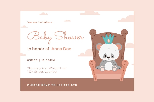 Vector gratuito invitación de baby shower con oso de peluche dibujado a mano