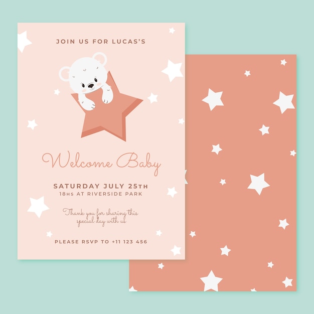 Vector gratuito invitación de baby shower con oso de peluche dibujado a mano