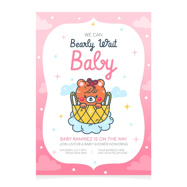 Invitación de baby shower con oso de peluche dibujado a mano