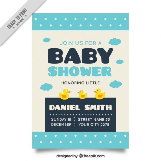 Invitación de bienvenida del bebé con puntos y detalles azules