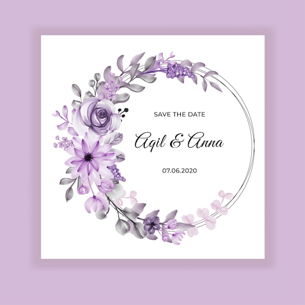 Invitación de boda acuarela flor violeta guirnalda