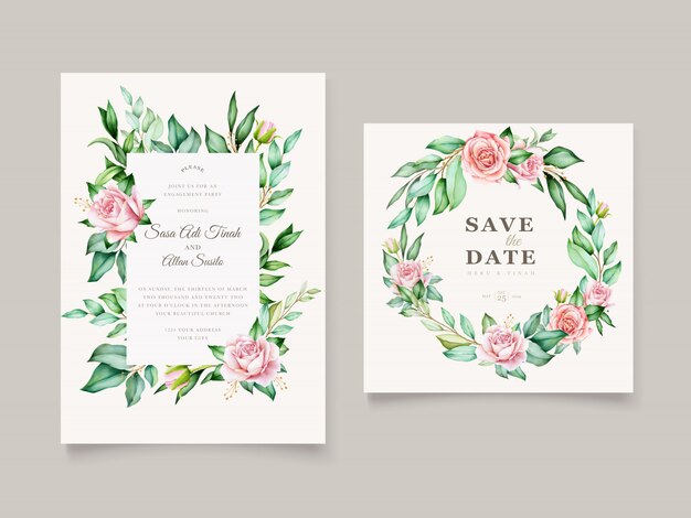 Invitación de boda acuarela floral y plantilla de tarjeta de hojas
