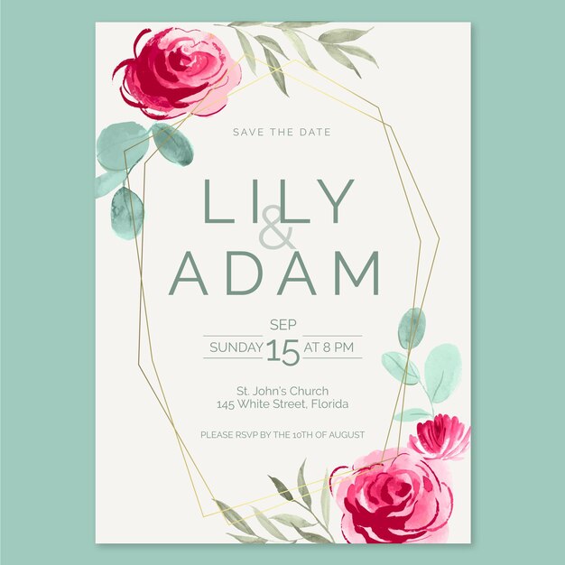 Invitación de boda acuarela flores rosadas