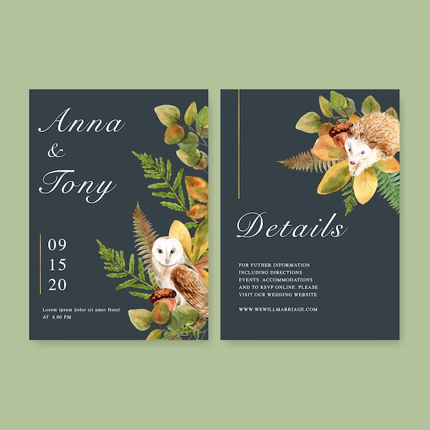 Invitación de boda acuarela con hermoso tema de otoño