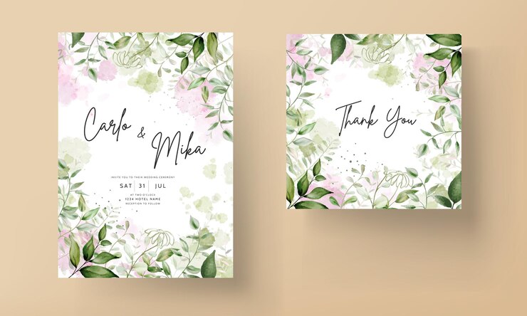 Invitación de boda de acuarela de hojas elegantes con fondo de acuarela splash