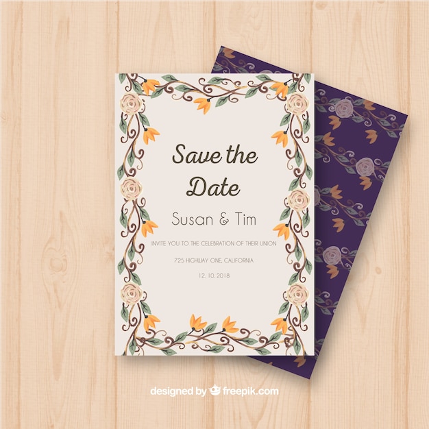 Invitación de boda en acuarela con marco floral