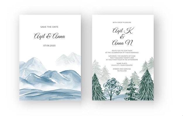 Invitación de boda de acuarela de paisaje de montaña de invierno