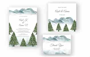 Vector gratuito invitación de boda de acuarela de paisaje de montaña de invierno