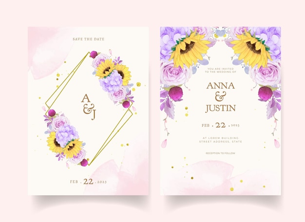 Invitación de boda con acuarela rosa púrpura y girasol. vector gratuito