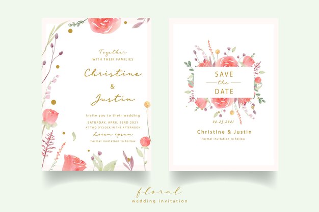 Invitación de boda acuarela rosa roja