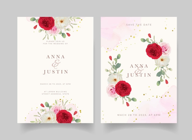 Vector gratuito invitación de boda con acuarelas rosas blancas y rojas