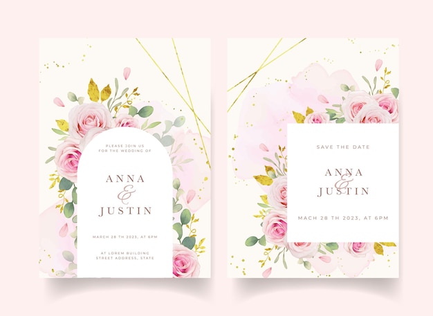 Vector gratuito invitación de boda con acuarelas rosas rosadas y adornos dorados