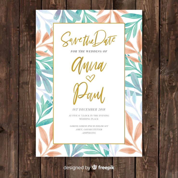 Vector gratuito invitación de boda adorable con hojas en acuarela