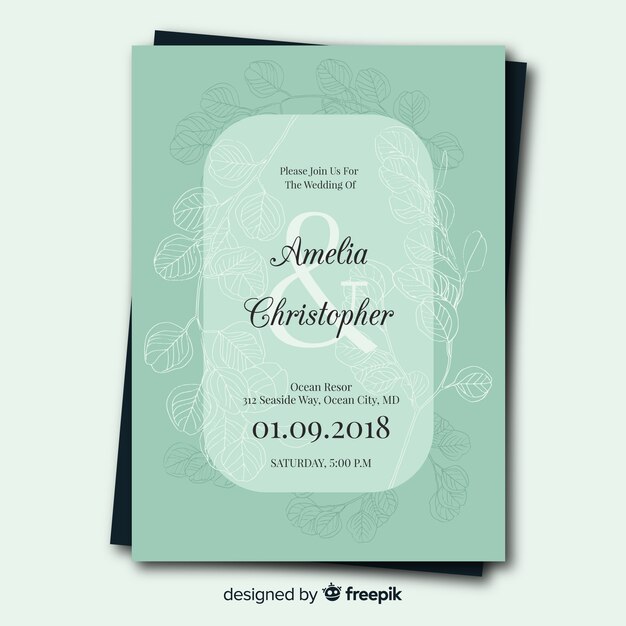 Invitación de boda adorable con hojas dibujadas a mano