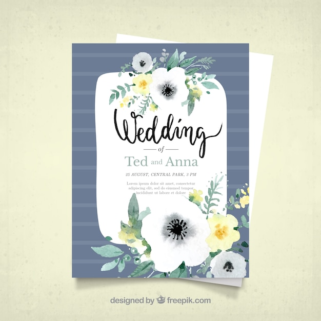 Invitación de boda azul con decoración floral