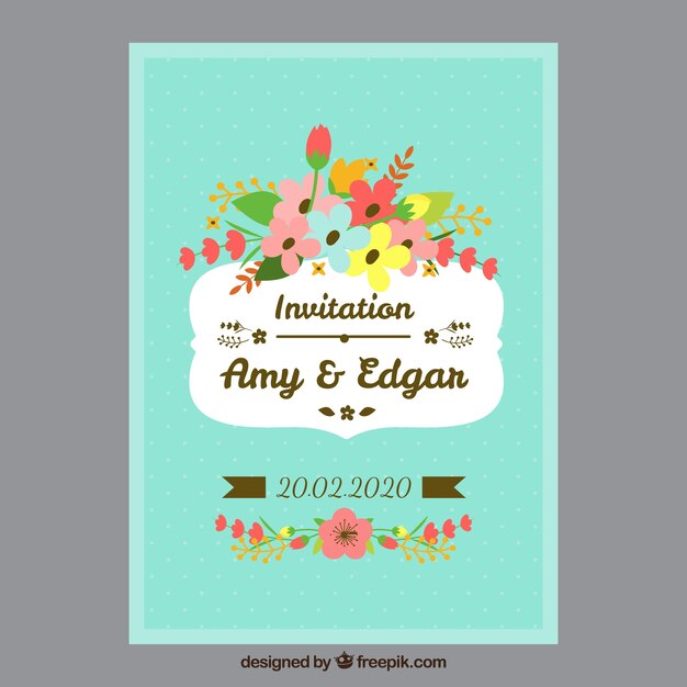 Invitación de boda azul con flores de colores