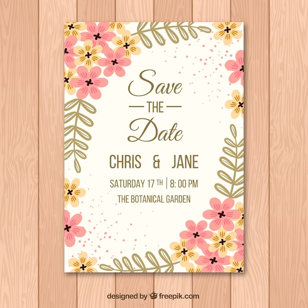 Invitación de boda bonita con flores rosas y naranjas