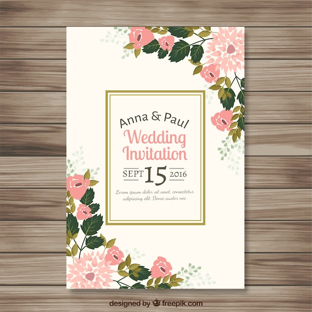 Vector gratuito invitación de boda con bonitos detalles florales