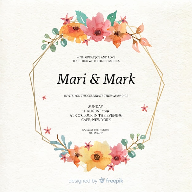 Invitación de boda colorida acuarela marco floral