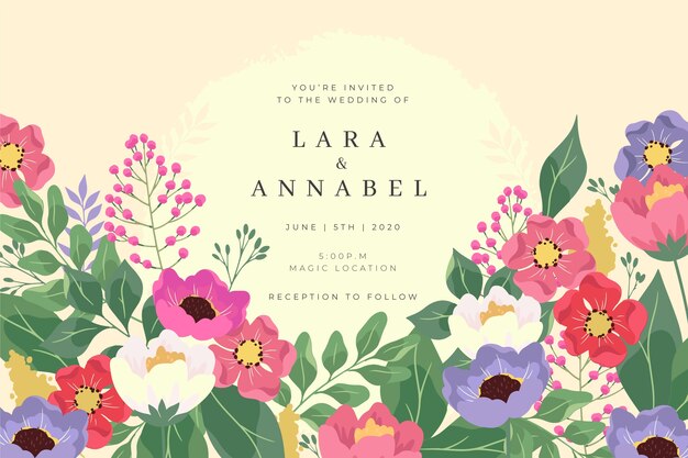 Invitación de boda colorida dibujada a mano