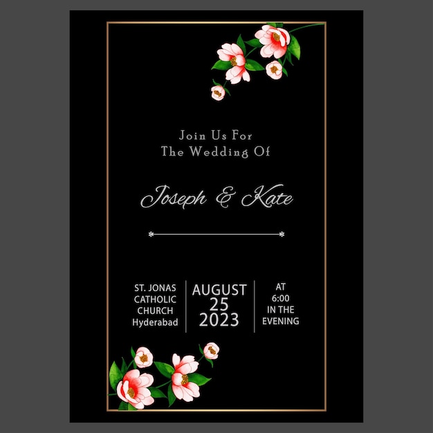 Invitación de boda colorida gris flores rosadas fondo de marco negro tarjeta multipropósito