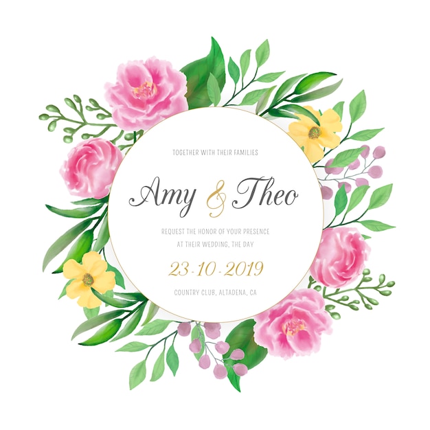 Invitación de boda con coloridas flores de acuarela