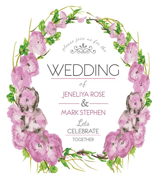 Invitación de boda con corona de flores rosas