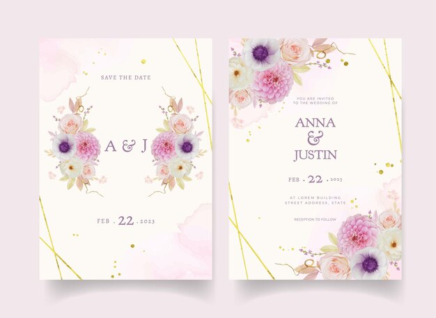 Invitación de boda con dalia rosa acuarela y flor de anémona