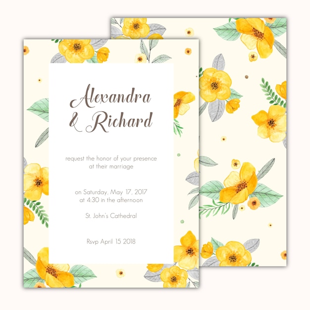 Vector gratuito invitación de boda decorada con flores de color amarillo pintadas a mano