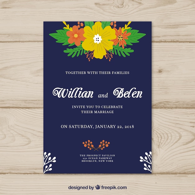 Invitación de boda dibujada a mano azul oscura