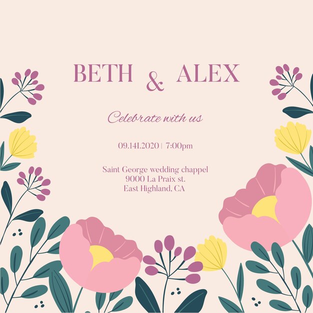 Invitación de boda dibujada a mano con flores de color rosa pastel