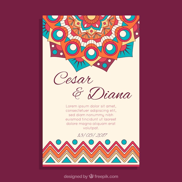Invitación de boda con diseño de mandala multicolor