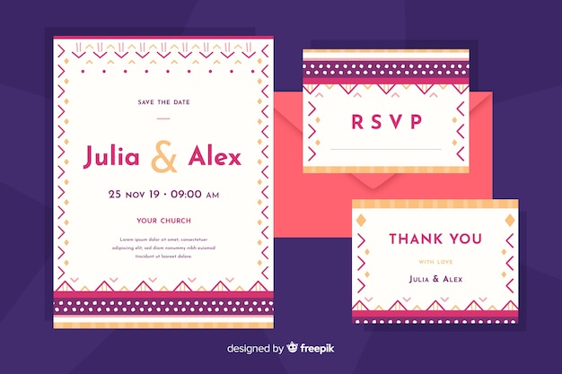 Invitación de boda de diseño plano con formas pequeñas