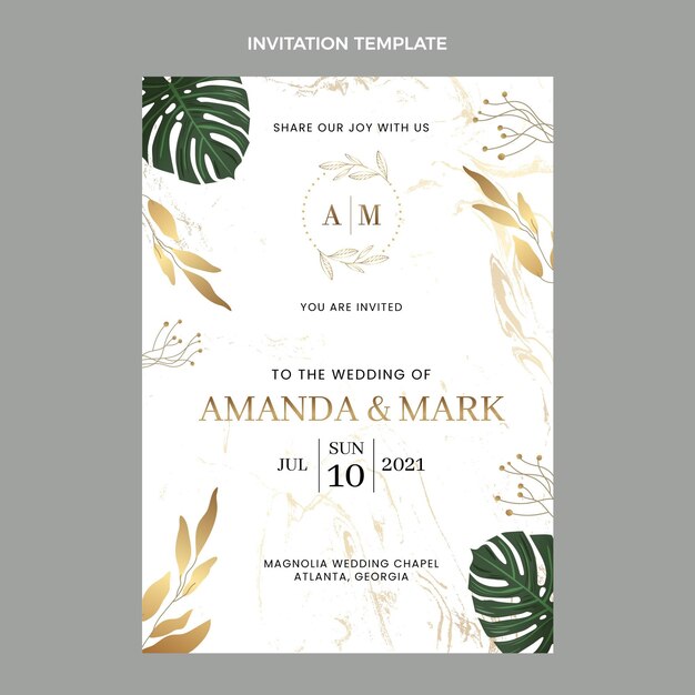 Invitación de boda dorada de lujo realista