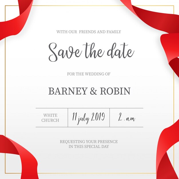Invitación de boda elegante con cintas rojas.