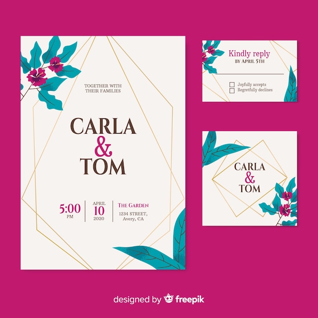 Invitación de boda elegante sobre fondo burdeos