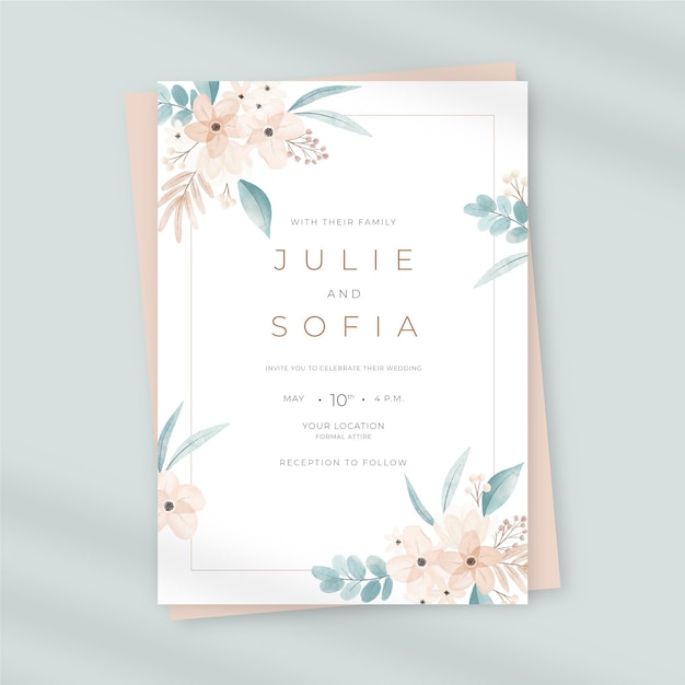 Invitación de boda floral acuarela pintada a mano