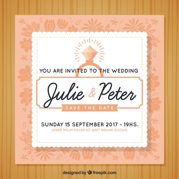 Invitación de boda floral con anillo decorativo