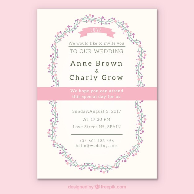 Invitación de boda floral con detalles rosas
