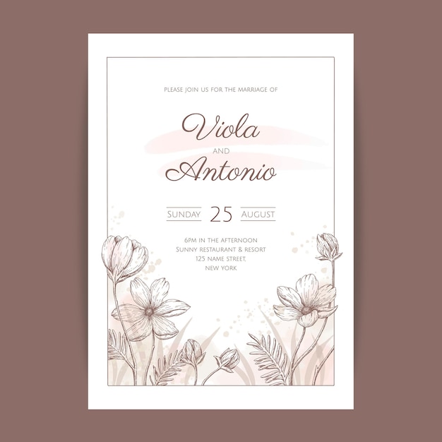 Invitación de boda floral dibujada a mano grabado